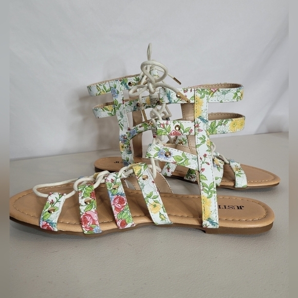 JustFab Myra Summer Floral Faux Leather Gladiator Lace-Up Sandals - Size 7.5 - Picture 2 of 8